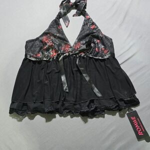 New ROMWE Black Floral Lace Halter Babydoll Top 2XL Whimsigoth blouse Grunge